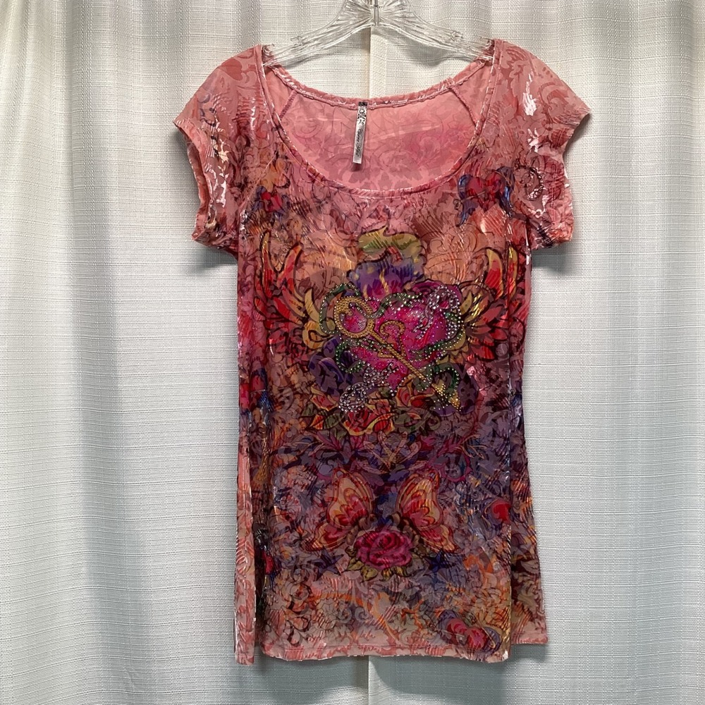 Vtg Y2K Carrie Allen Pink Burnout Velvet Rhinestone Heart Key Graphic Top Large